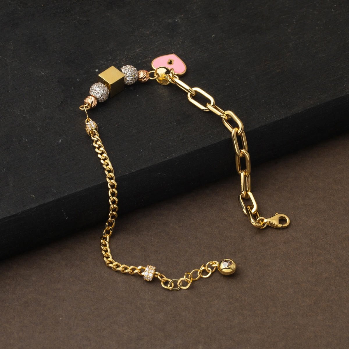 14K Yellow Gold Heart Charm Enamel Bracelet