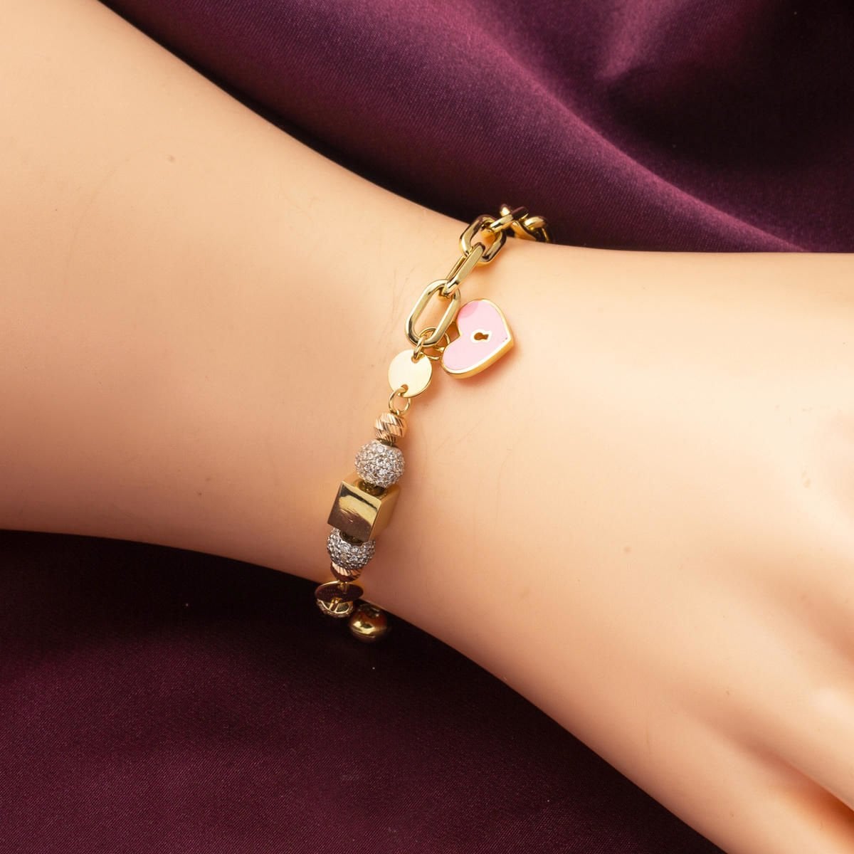 14K Yellow Gold Heart Charm Enamel Bracelet