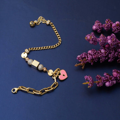 14K Yellow Gold Heart Charm Enamel Bracelet