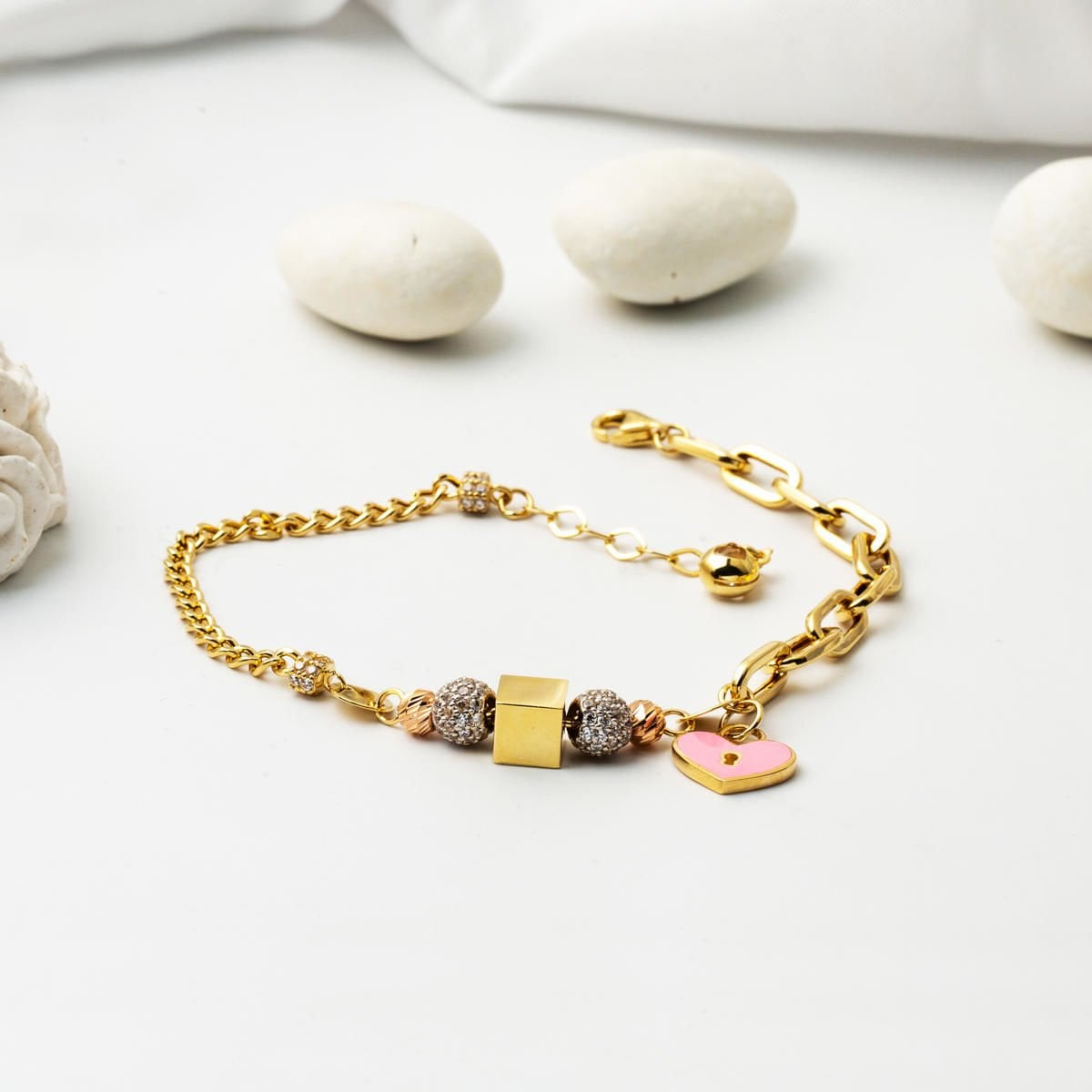14K Yellow Gold Heart Charm Enamel Bracelet