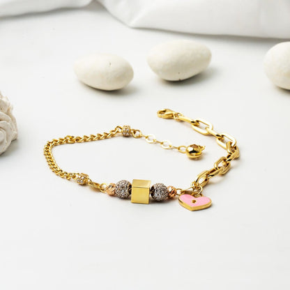 14K Yellow Gold Heart Charm Enamel Bracelet