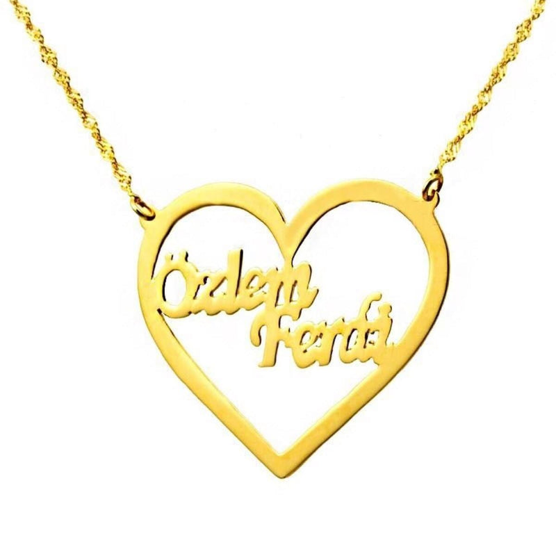 14K Yellow Gold Heart Two Name Family Necklace