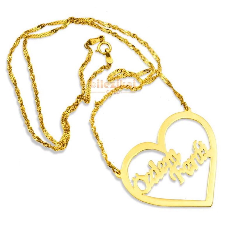 14K Yellow Gold Heart Two Name Family Necklace