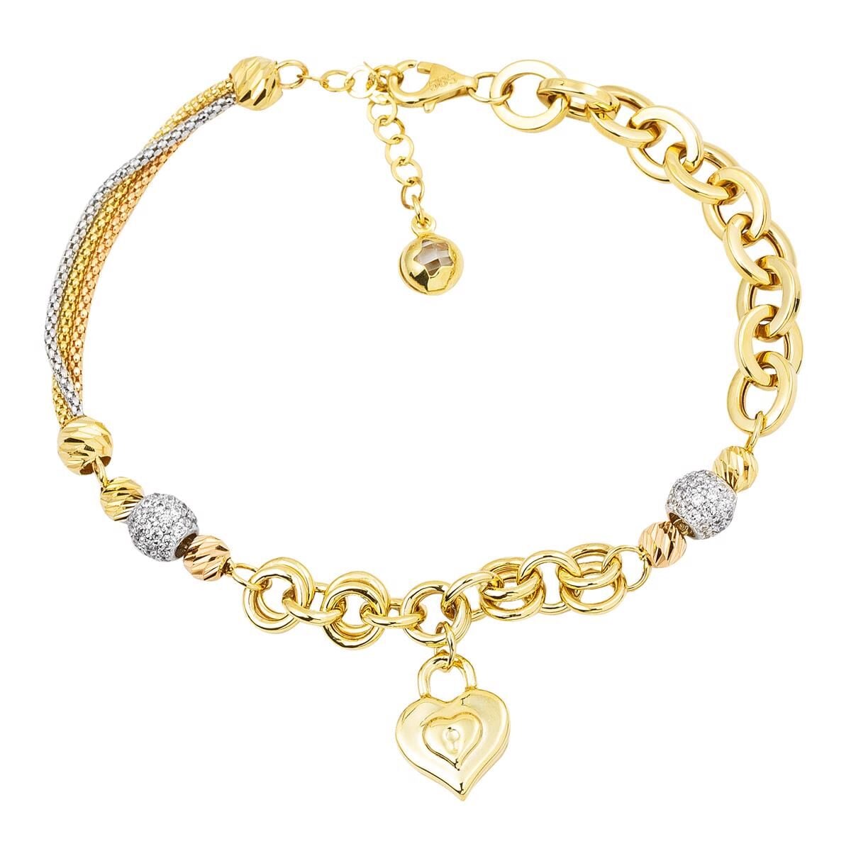 14K Yellow Gold Heart Lock Cubic Zirconia Bracelet
