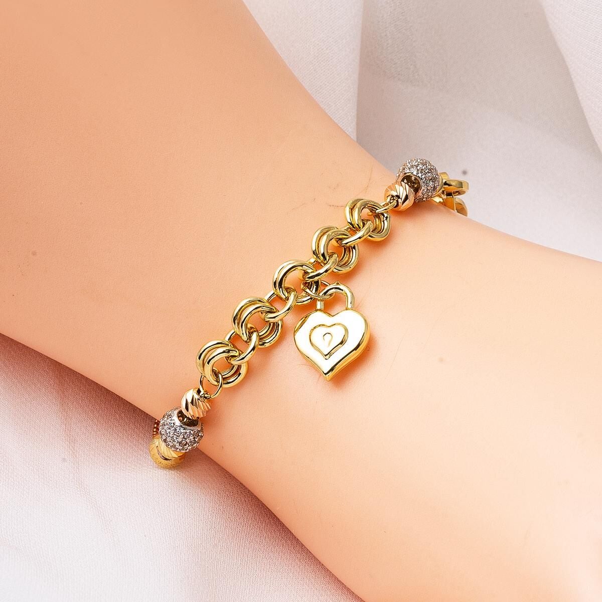 14K Yellow Gold Heart Lock Cubic Zirconia Bracelet