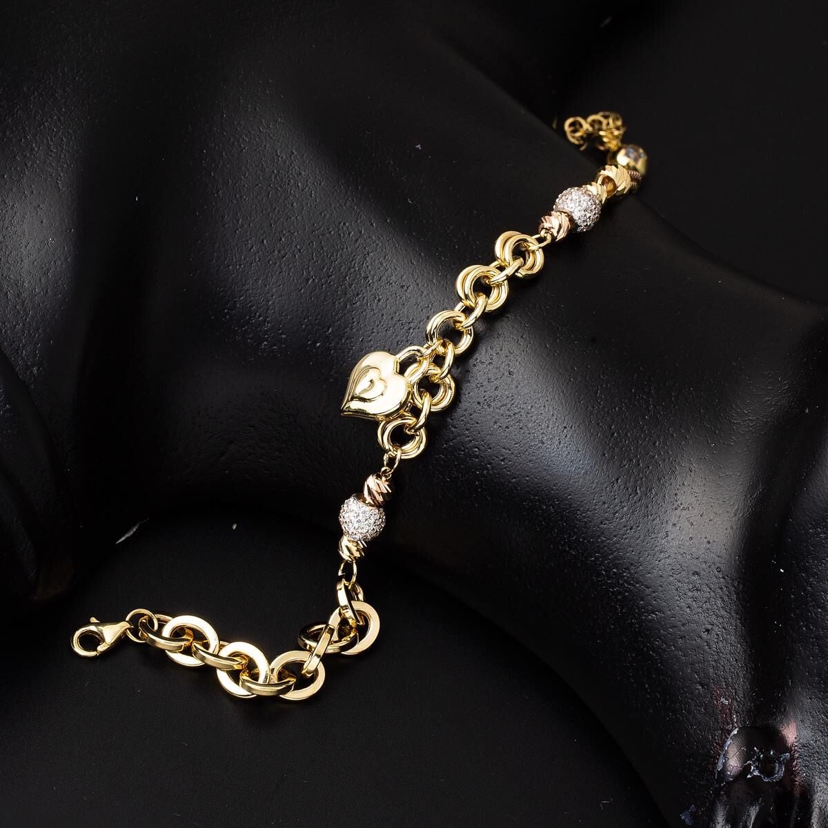 14K Yellow Gold Heart Lock Cubic Zirconia Bracelet