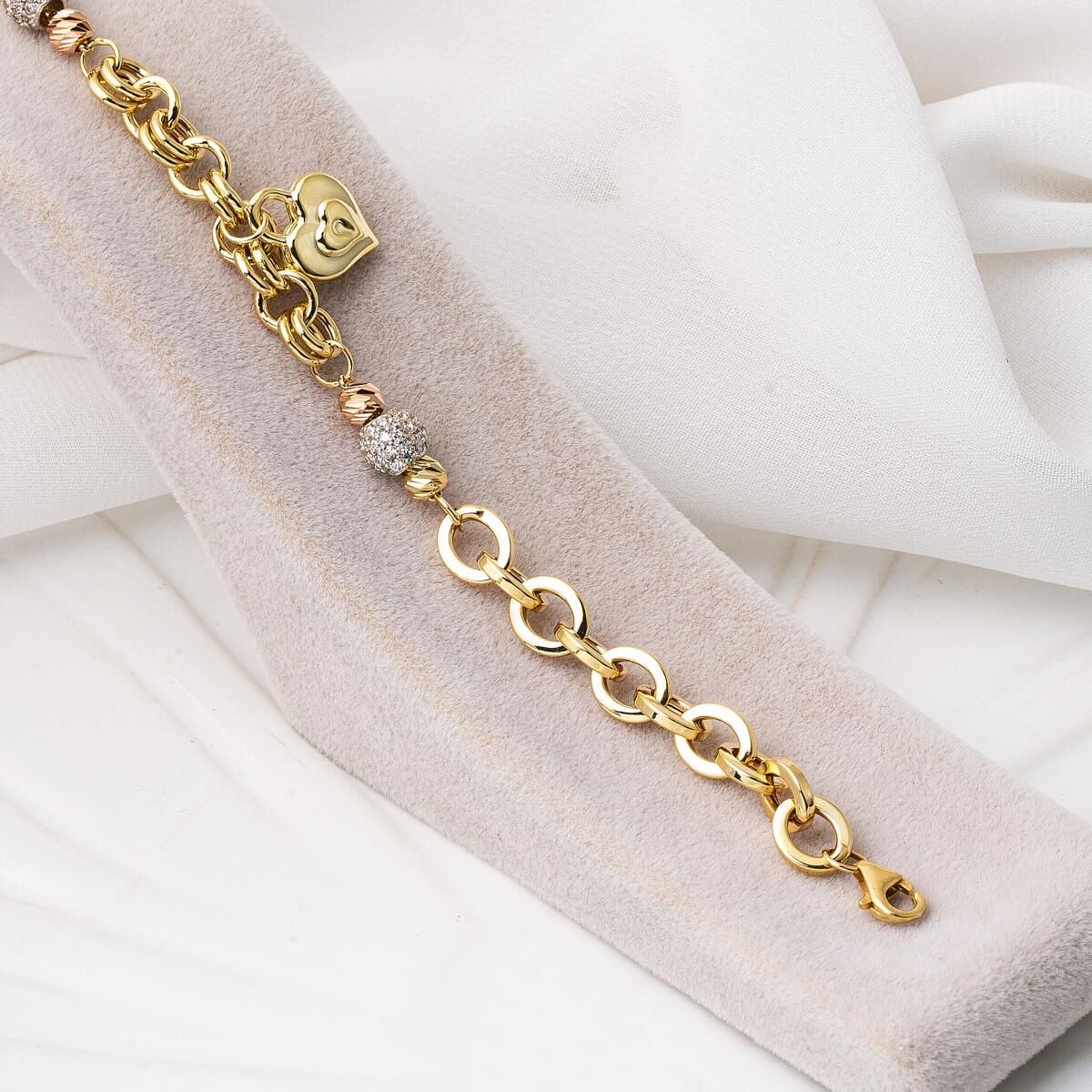 14K Yellow Gold Heart Lock Cubic Zirconia Bracelet