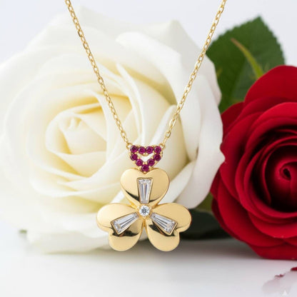 14K Yellow Gold Baguette Cubic Zirconia 3 Heart Clover Necklace