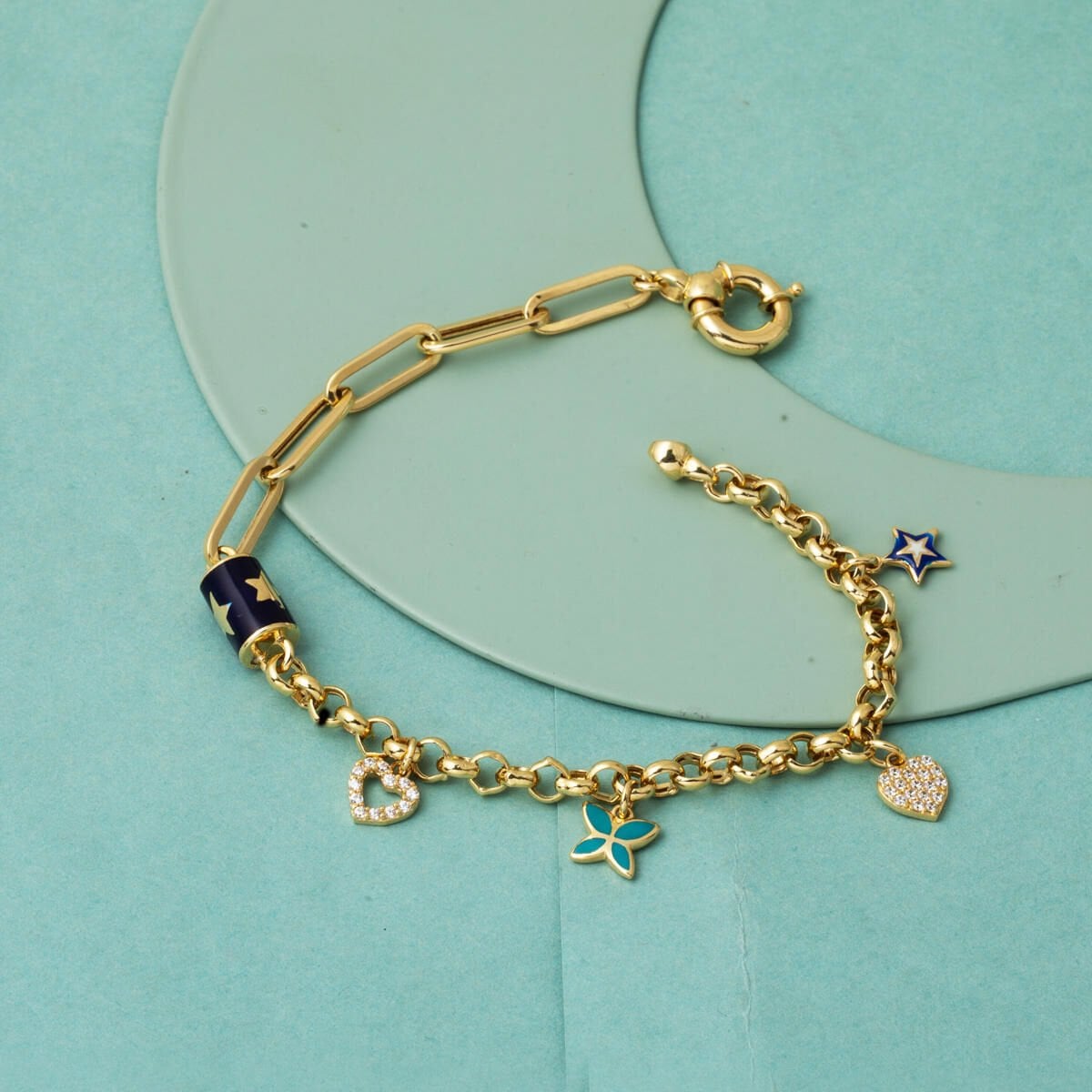 14K Yellow Gold Designer Inspired Heart Star Charm Enamel Bracelet