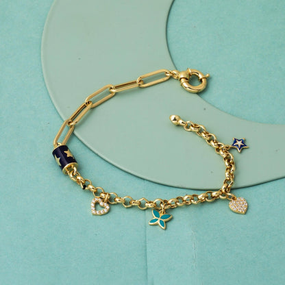 14K Yellow Gold Designer Inspired Heart Star Charm Enamel Bracelet