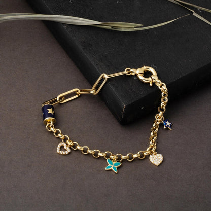 14K Yellow Gold Designer Inspired Heart Star Charm Enamel Bracelet