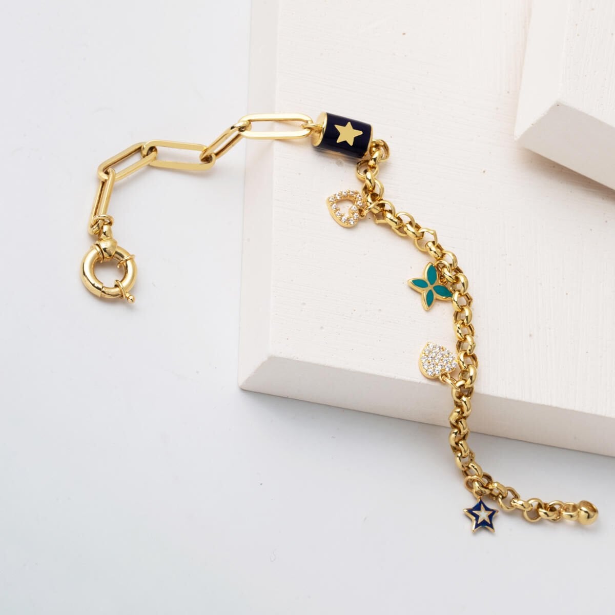 14K Yellow Gold Designer Inspired Heart Star Charm Enamel Bracelet