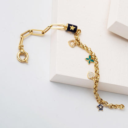 14K Yellow Gold Designer Inspired Heart Star Charm Enamel Bracelet