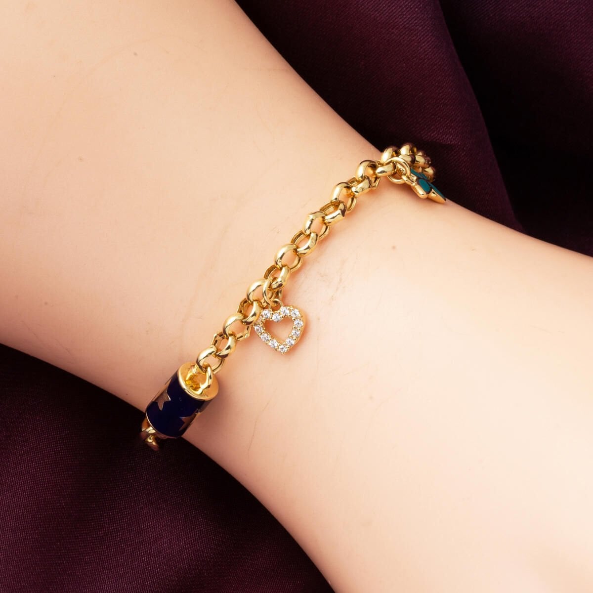 14K Yellow Gold Designer Inspired Heart Star Charm Enamel Bracelet
