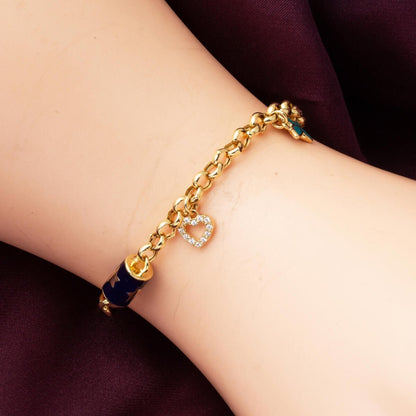 14K Yellow Gold Designer Inspired Heart Star Charm Enamel Bracelet