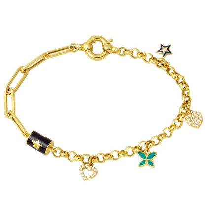 14K Yellow Gold Designer Inspired Heart Star Charm Enamel Bracelet