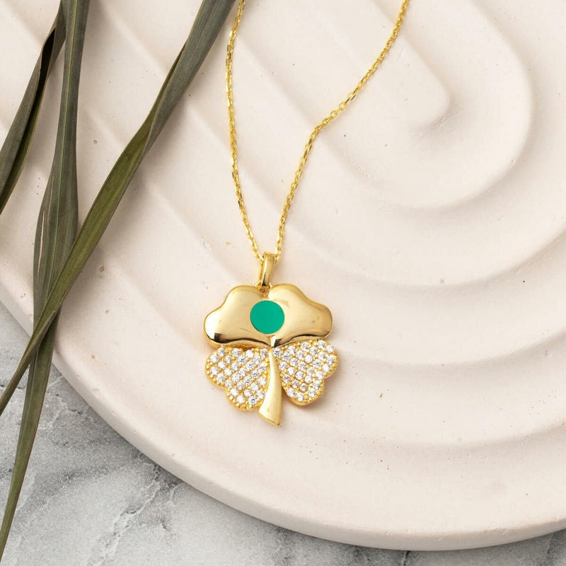 14K Yellow Gold Heart Clover Green Enamel Cubic Zirconia Necklace