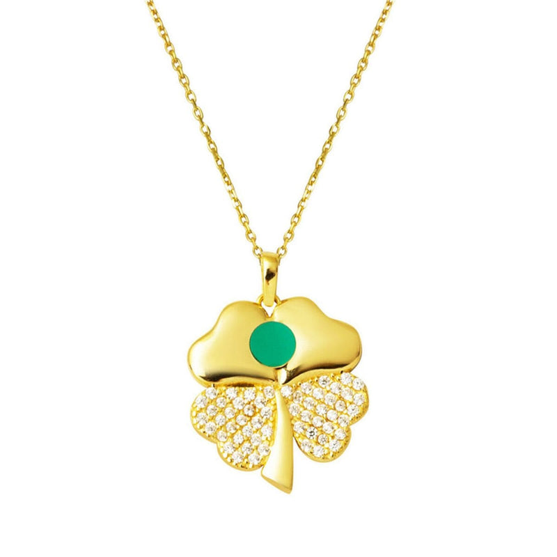 14K Yellow Gold Heart Clover Green Enamel Cubic Zirconia Necklace