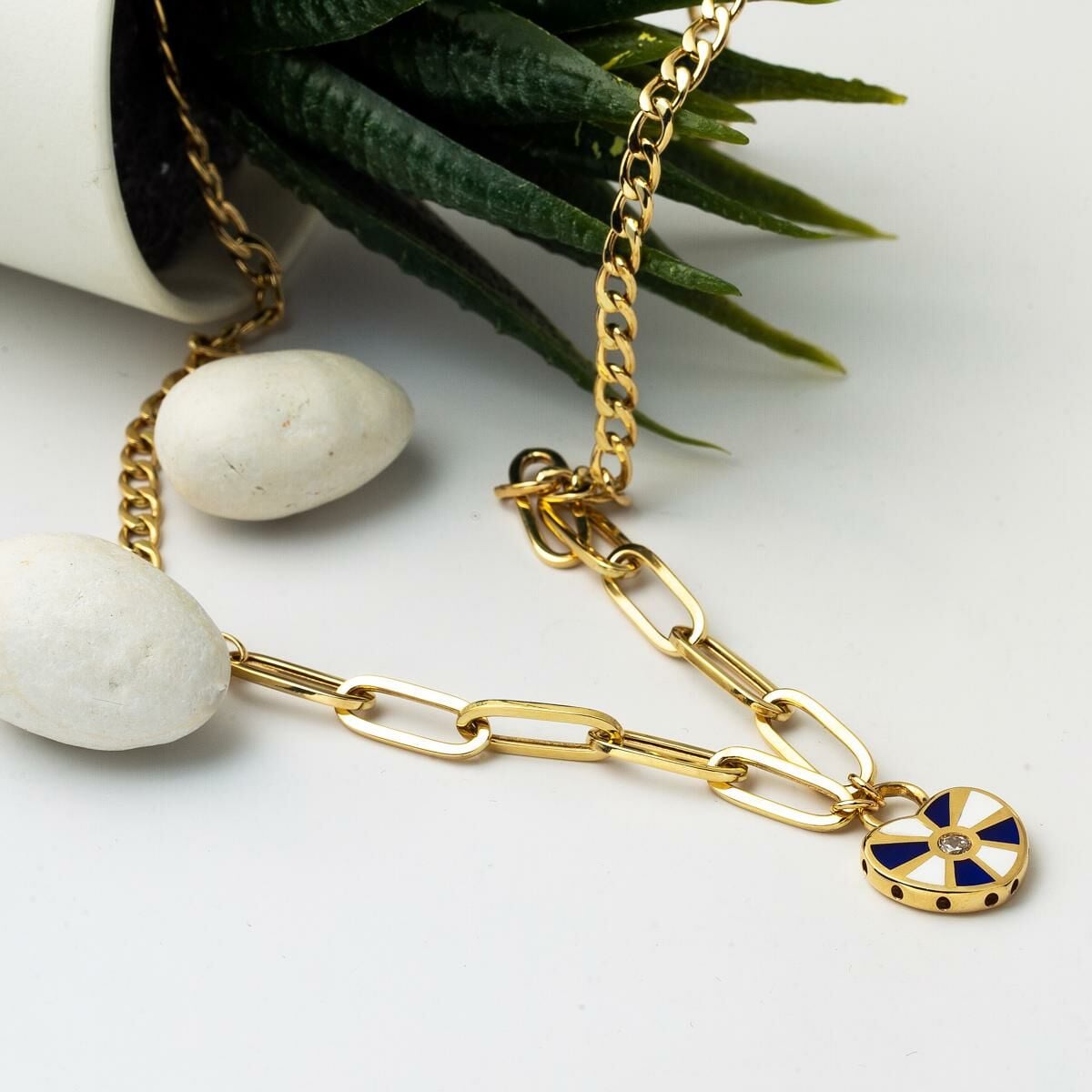 14K Yellow Gold Heart Chain Enamel Necklace