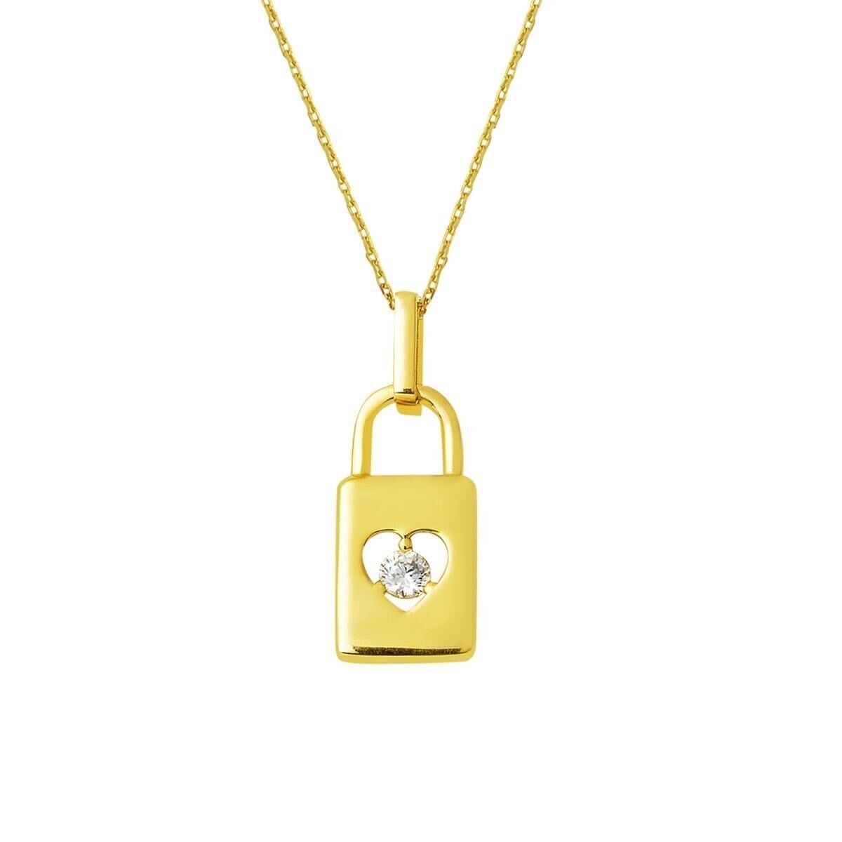 14K Yellow Gold Heart Lock Cubic Zirconia Necklace
