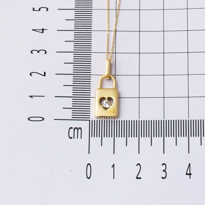14K Yellow Gold Heart Lock Cubic Zirconia Necklace