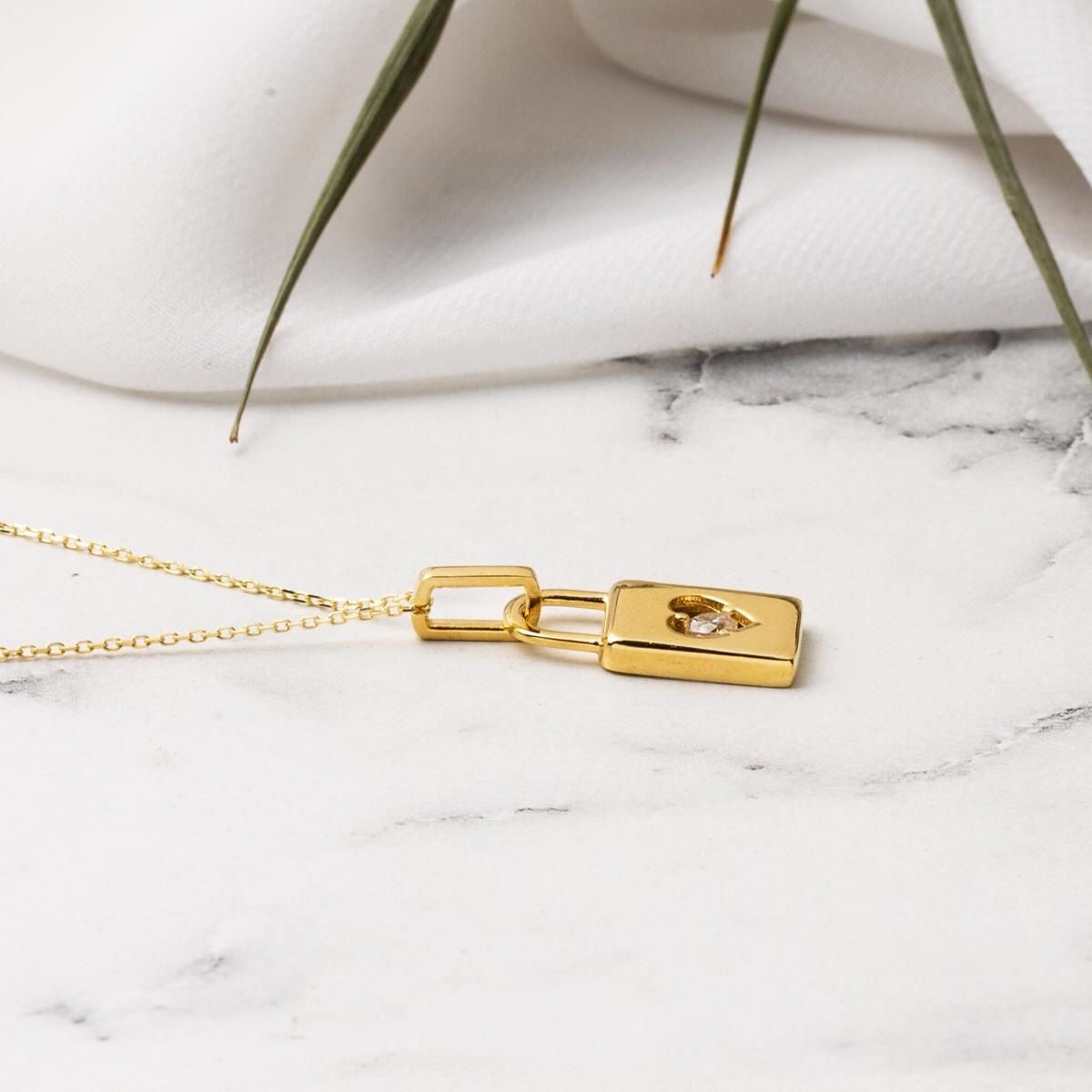 14K Yellow Gold Heart Lock Cubic Zirconia Necklace