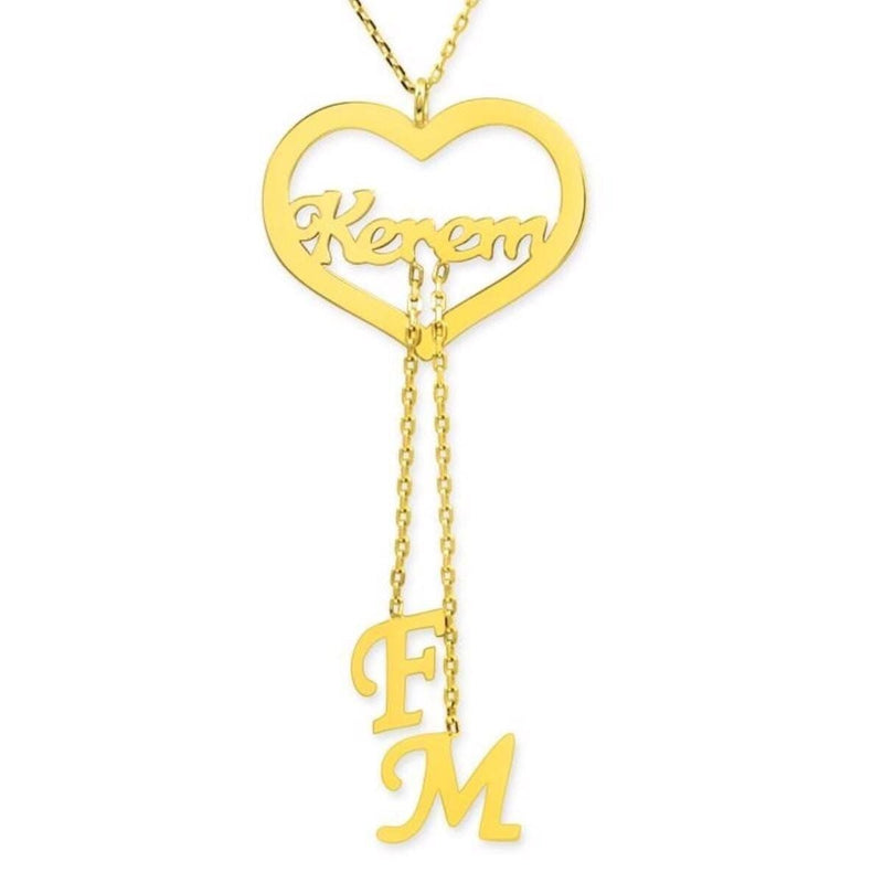 14K Yellow Gold Heart Name Initial Family Necklace