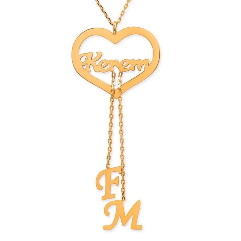 14K Yellow Gold Heart Name Initial Family Necklace