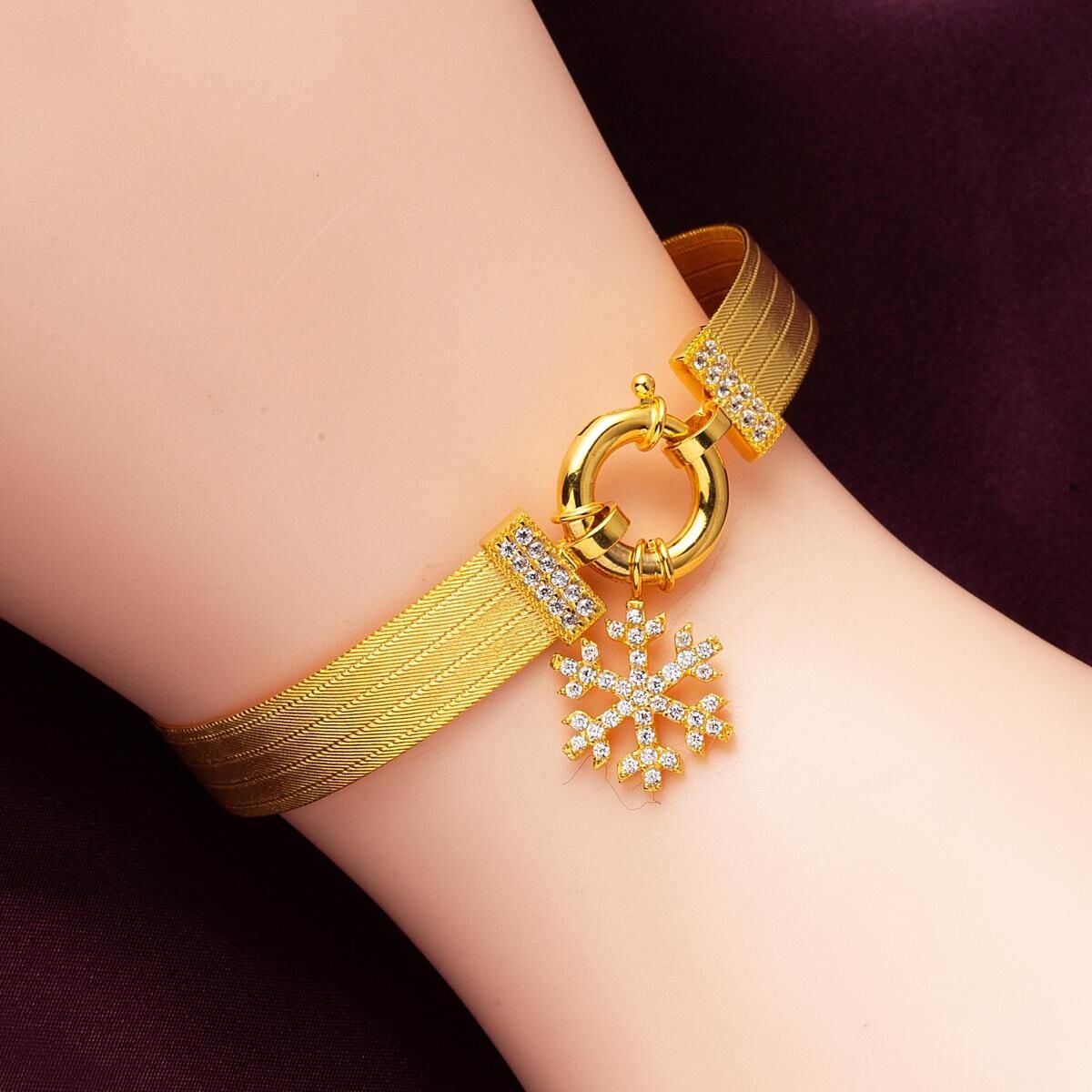 14K Yellow Gold Snowflake Trabzon Mesh Cubic Zirconia Bangle