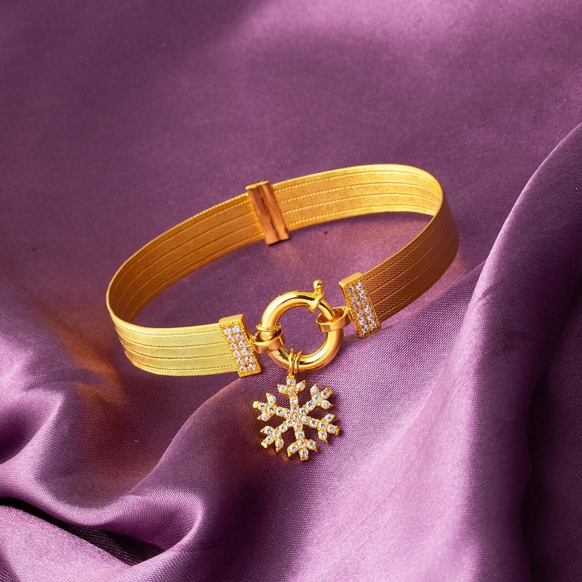 14K Yellow Gold Snowflake Trabzon Mesh Cubic Zirconia Bangle