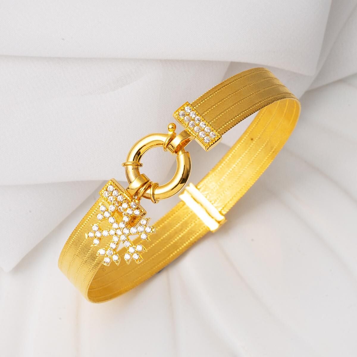 14K Yellow Gold Snowflake Trabzon Mesh Cubic Zirconia Bangle