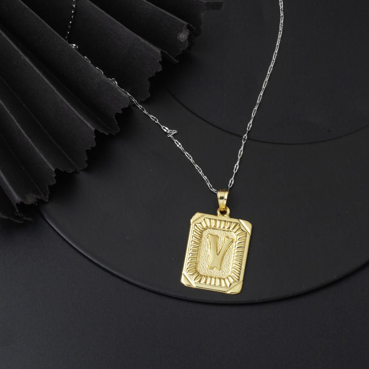 14K Yellow Gold Square Plate V Initial Pendant