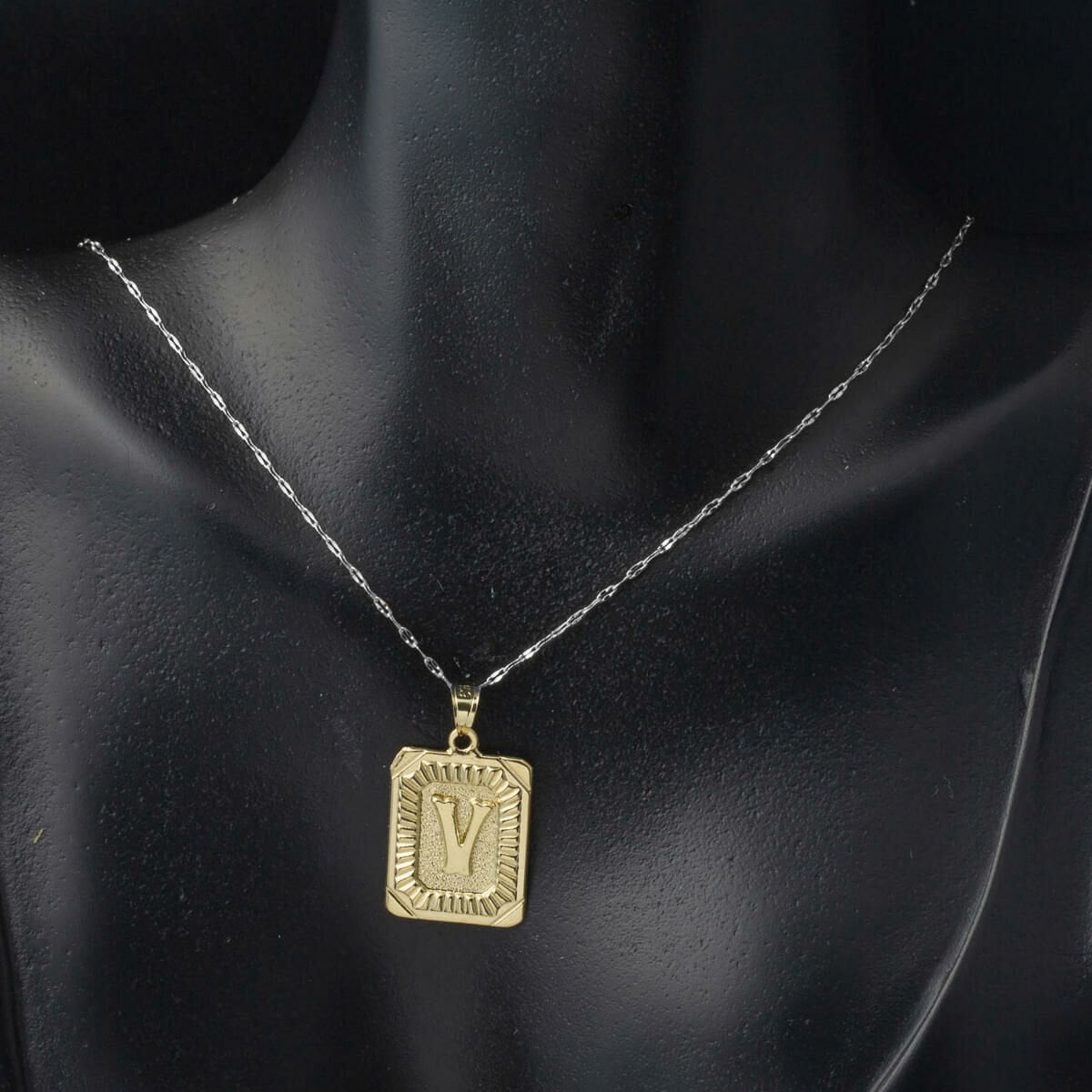 14K Yellow Gold Square Plate V Initial Pendant