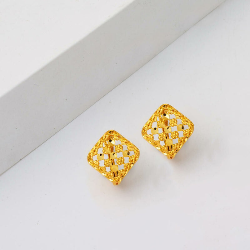 22K Yellow Gold Square Hand Engraved Women's Earrings