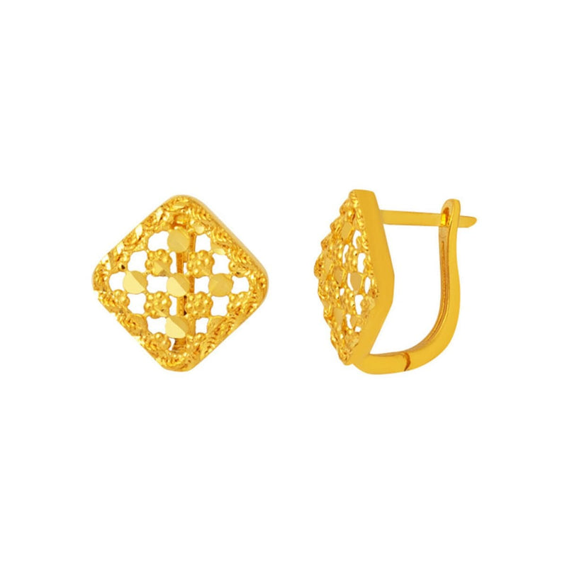 22K Yellow Gold Square Hand Engraved Women's Earrings