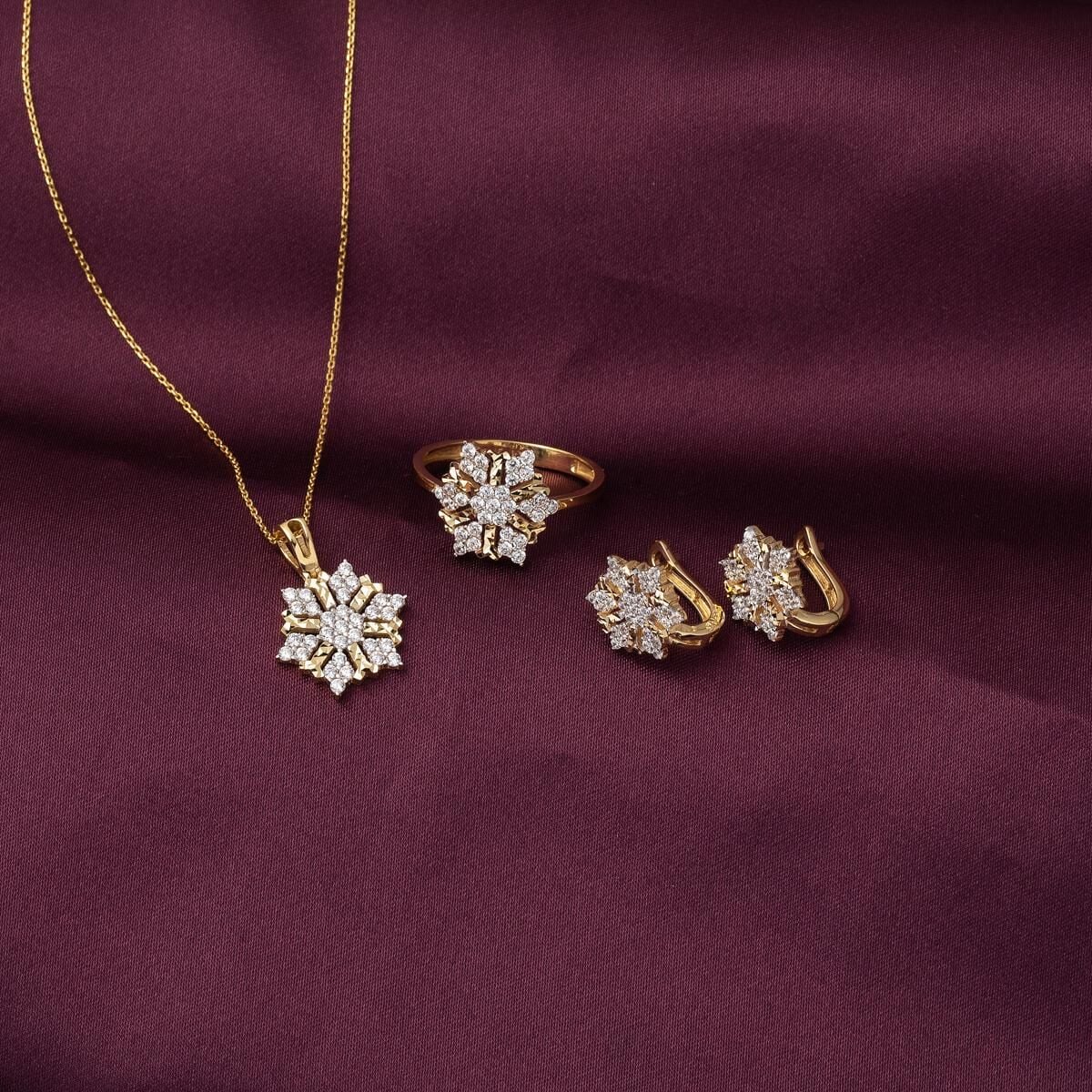 14K Yellow Gold Snowflake Cubic Zirconia Jewelry Set