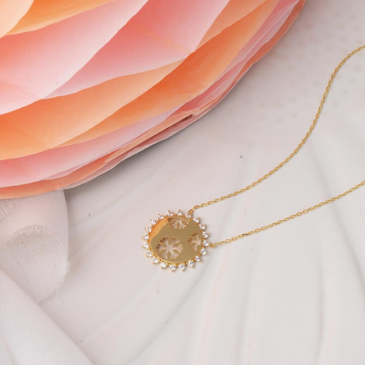 14K Yellow Gold Snowflake & Sun Cubic Zirconia Necklace