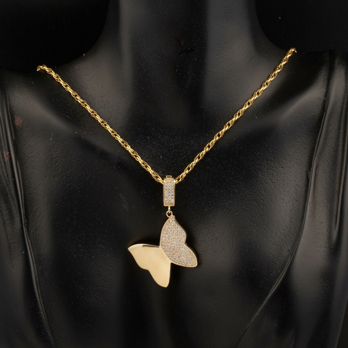 14K Yellow Gold Butterfly Braided Chain Cubic Zirconia Necklace