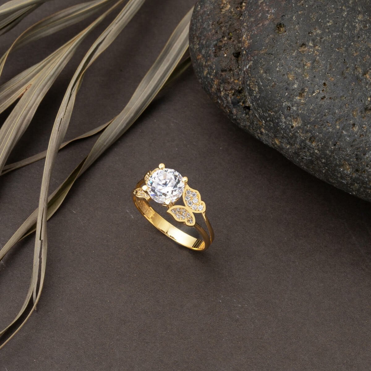 14K Yellow Gold Butterfly Solitaire Cubic Zirconia Ring