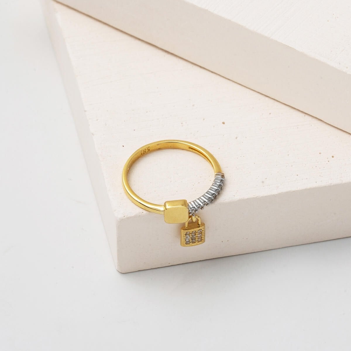 14K Yellow Gold Lock Dangle Designer Inspired Cubic Zirconia Ring