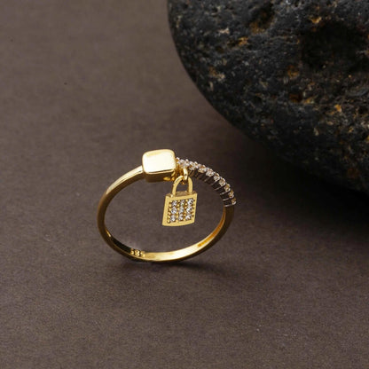 14K Yellow Gold Lock Dangle Designer Inspired Cubic Zirconia Ring