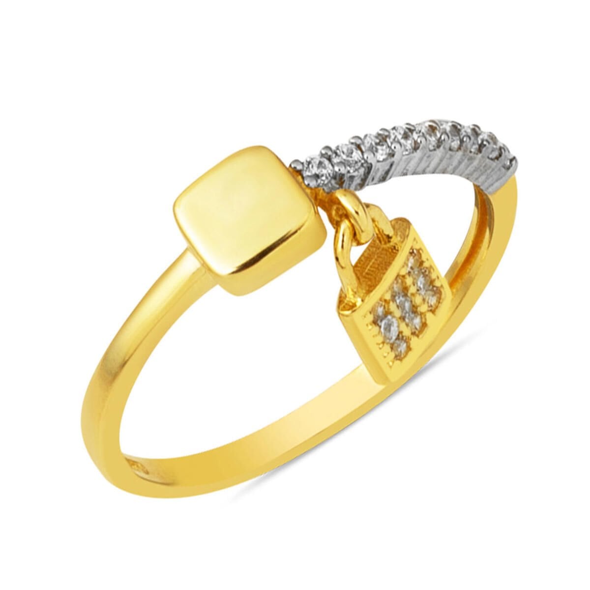 14K Yellow Gold Lock Dangle Designer Inspired Cubic Zirconia Ring