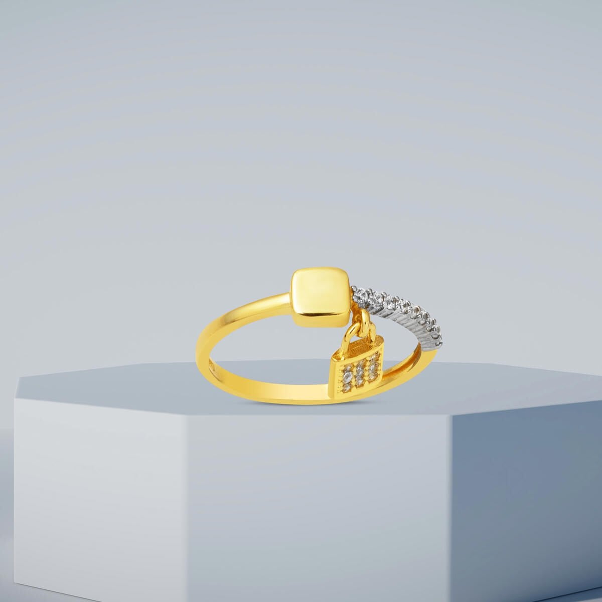 14K Yellow Gold Lock Dangle Designer Inspired Cubic Zirconia Ring