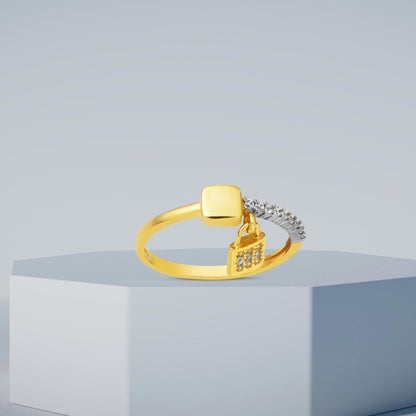 14K Yellow Gold Lock Dangle Designer Inspired Cubic Zirconia Ring