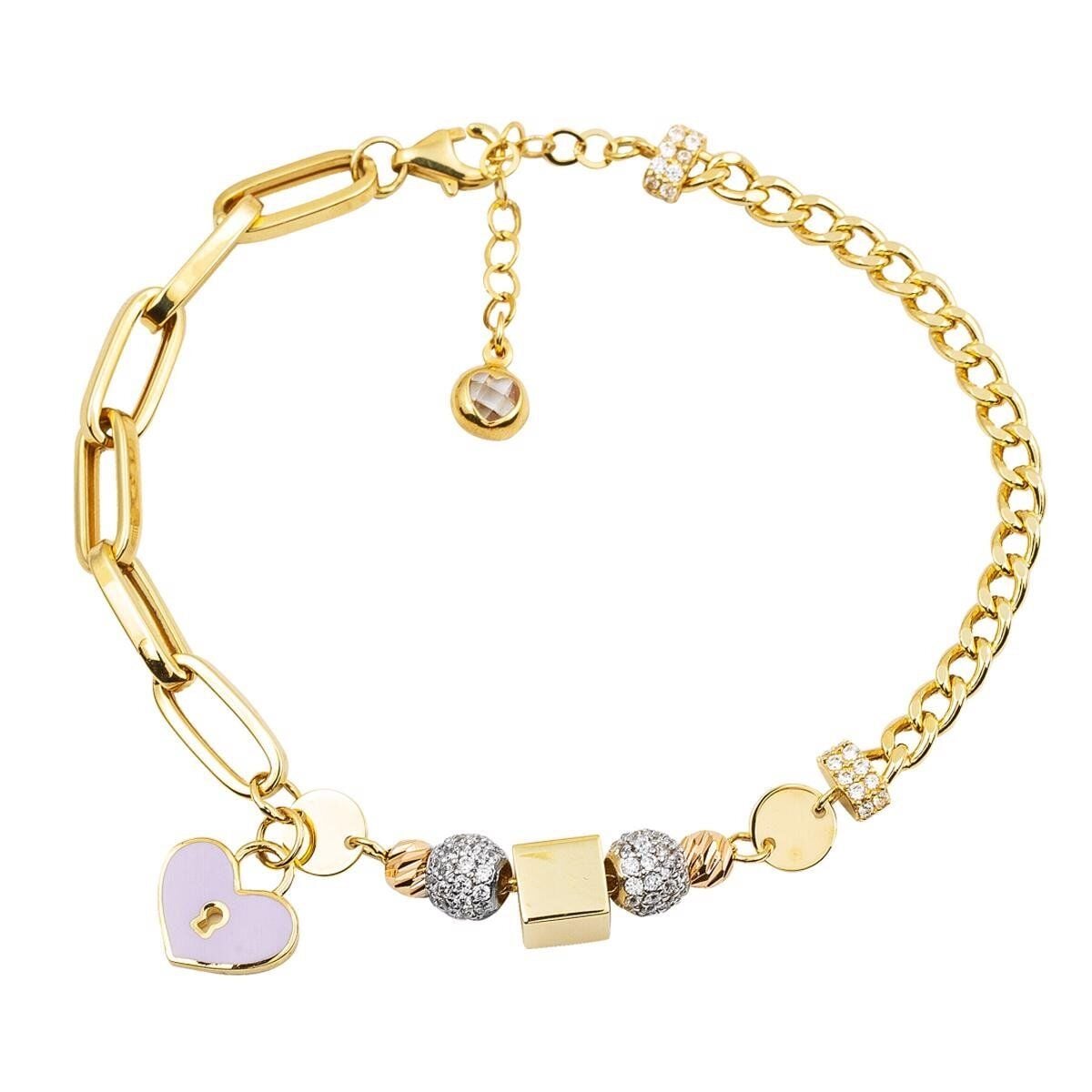 14K Yellow Gold Lock Heart Enamel Bracelet