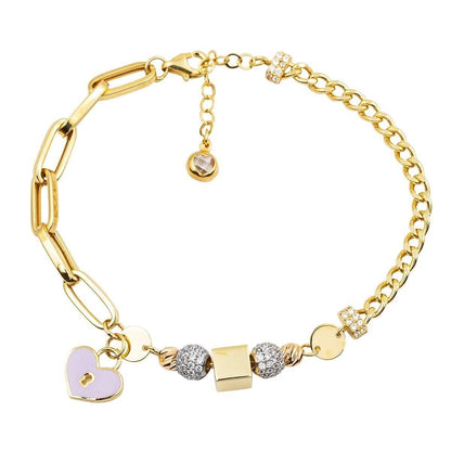 14K Yellow Gold Lock Heart Enamel Bracelet