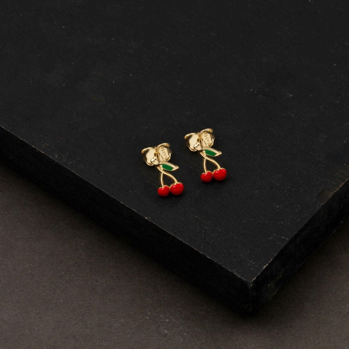 14K Yellow Gold Cherry Studded Children's Enamel Earrings