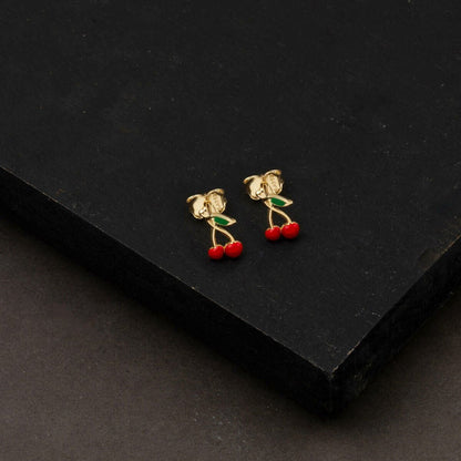 14K Yellow Gold Cherry Studded Children's Enamel Earrings