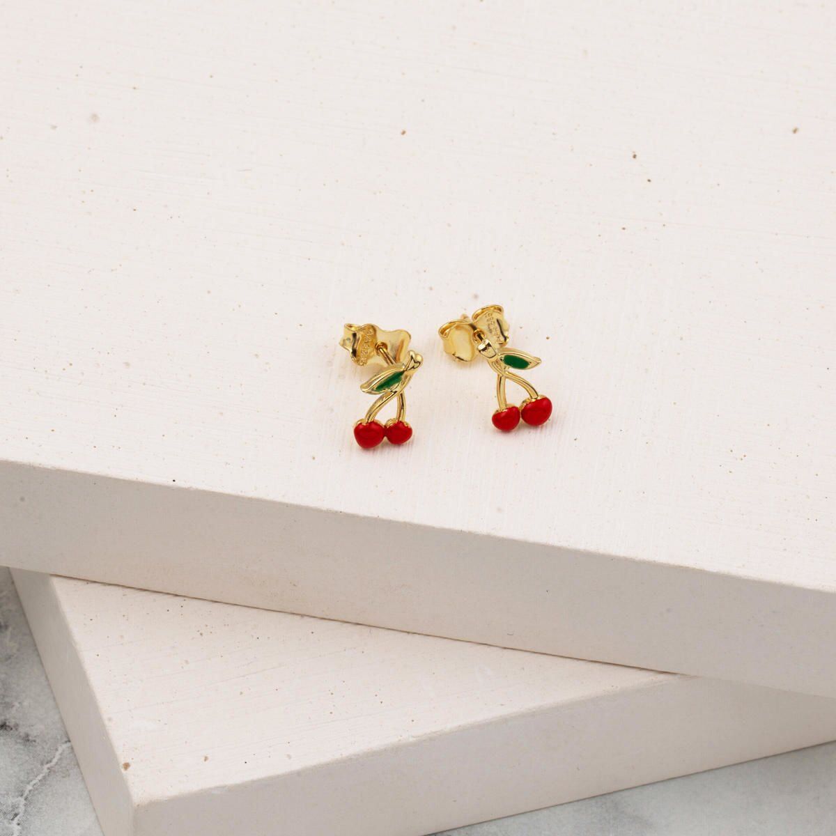 14K Yellow Gold Cherry Studded Children's Enamel Earrings