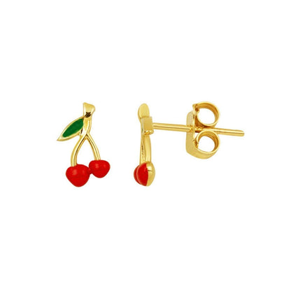 14K Yellow Gold Cherry Studded Children's Enamel Earrings